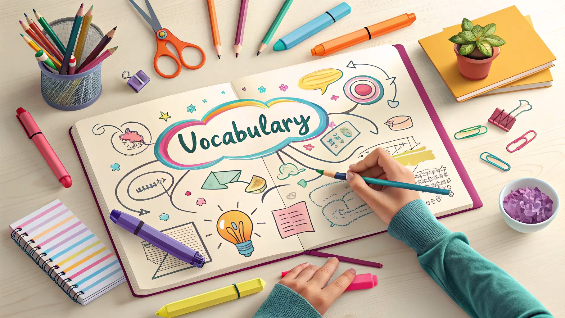 Person creating mind map to remember difficult English words with meanings