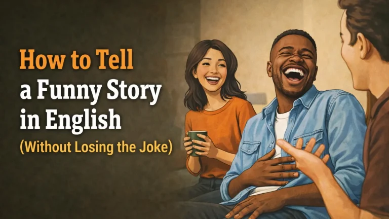 A person laughing while listening to a funny story in English — ESL learners practising spoken English storytelling