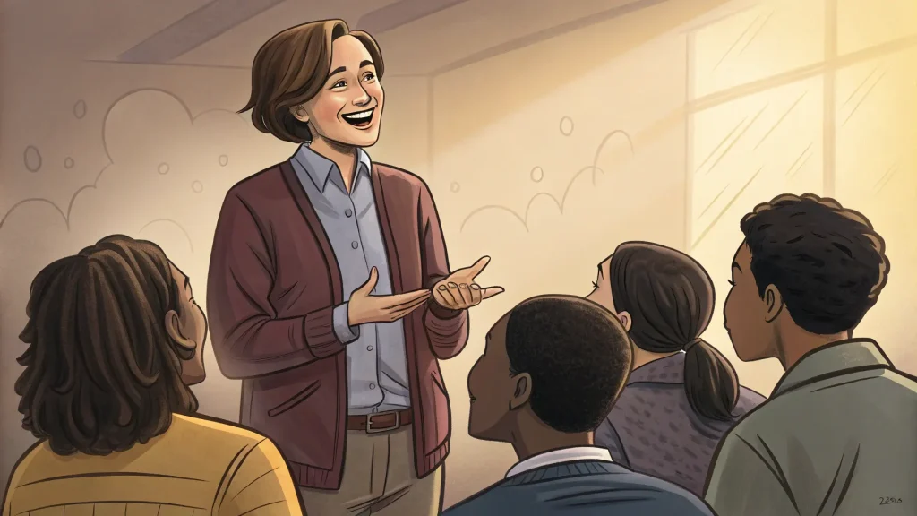 A confident person smiling while telling a funny story in English to a small group — successful English storytelling