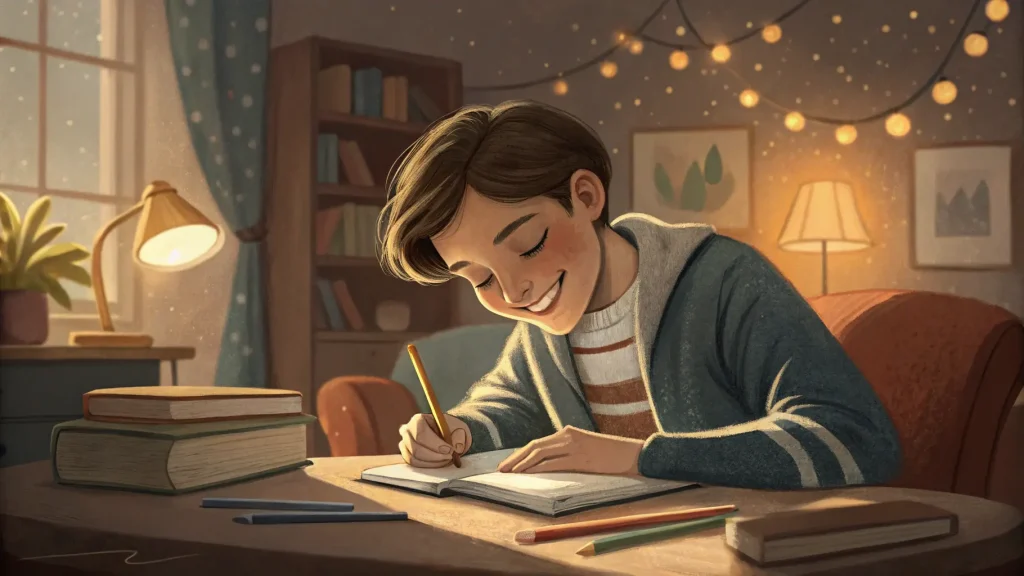 An ESL student smiling while writing funny story exercises in a notebook — English storytelling practice