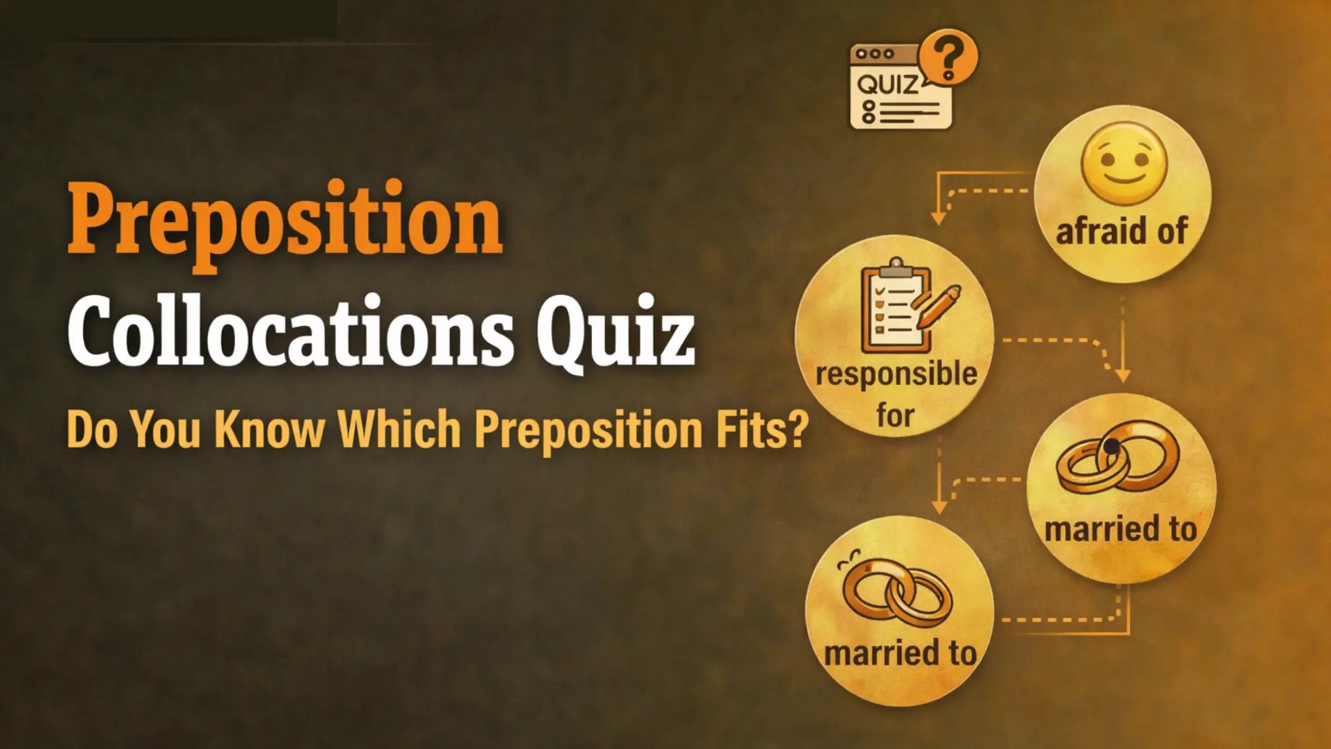 Preposition Collocations Quiz – Test your knowledge of afraid of, good at, married to and more