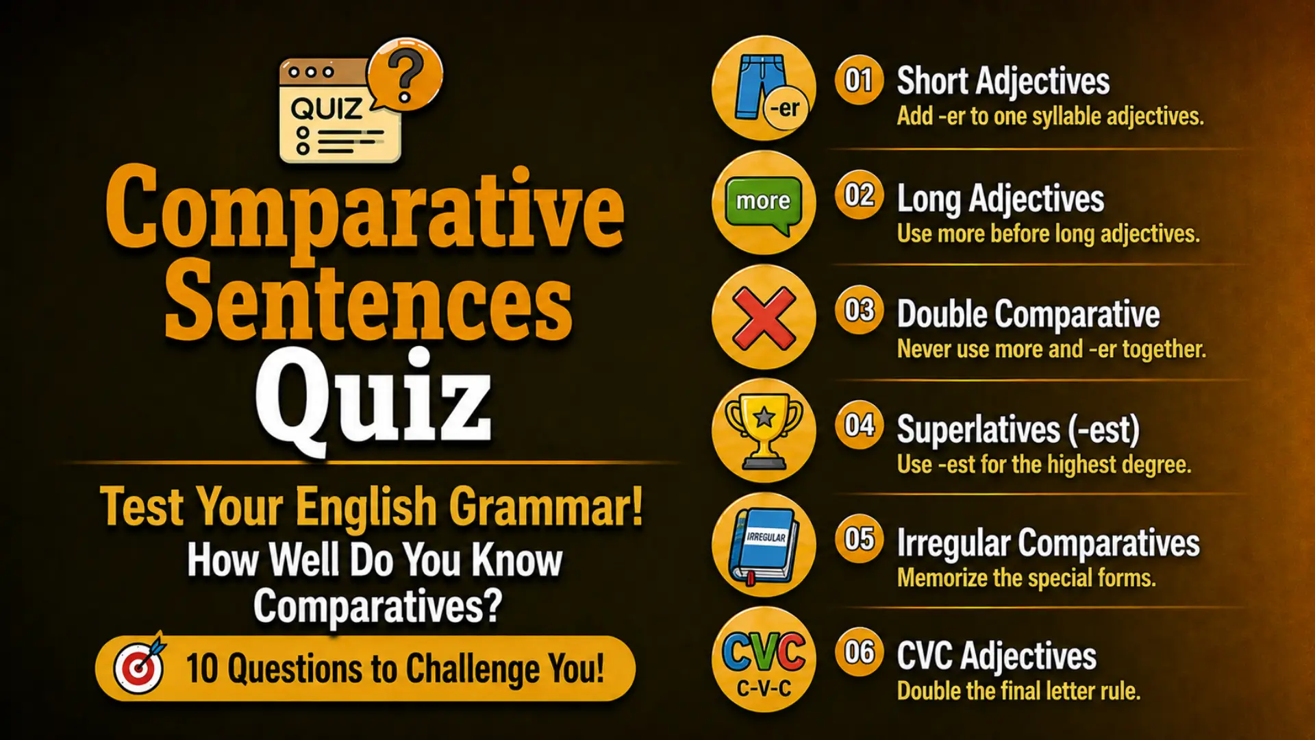 Comparative Sentences Quiz – Test Your English Grammar with 10 fill-in-the-blank questions